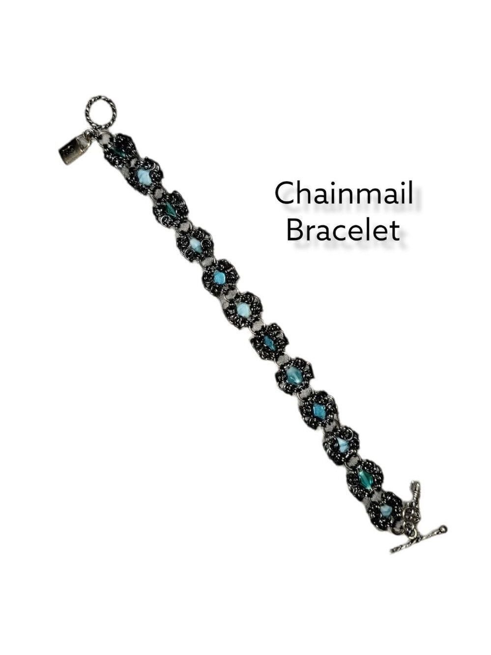 Chainmail Bracelet Gun Metal Flower Key Lock Charm #B13